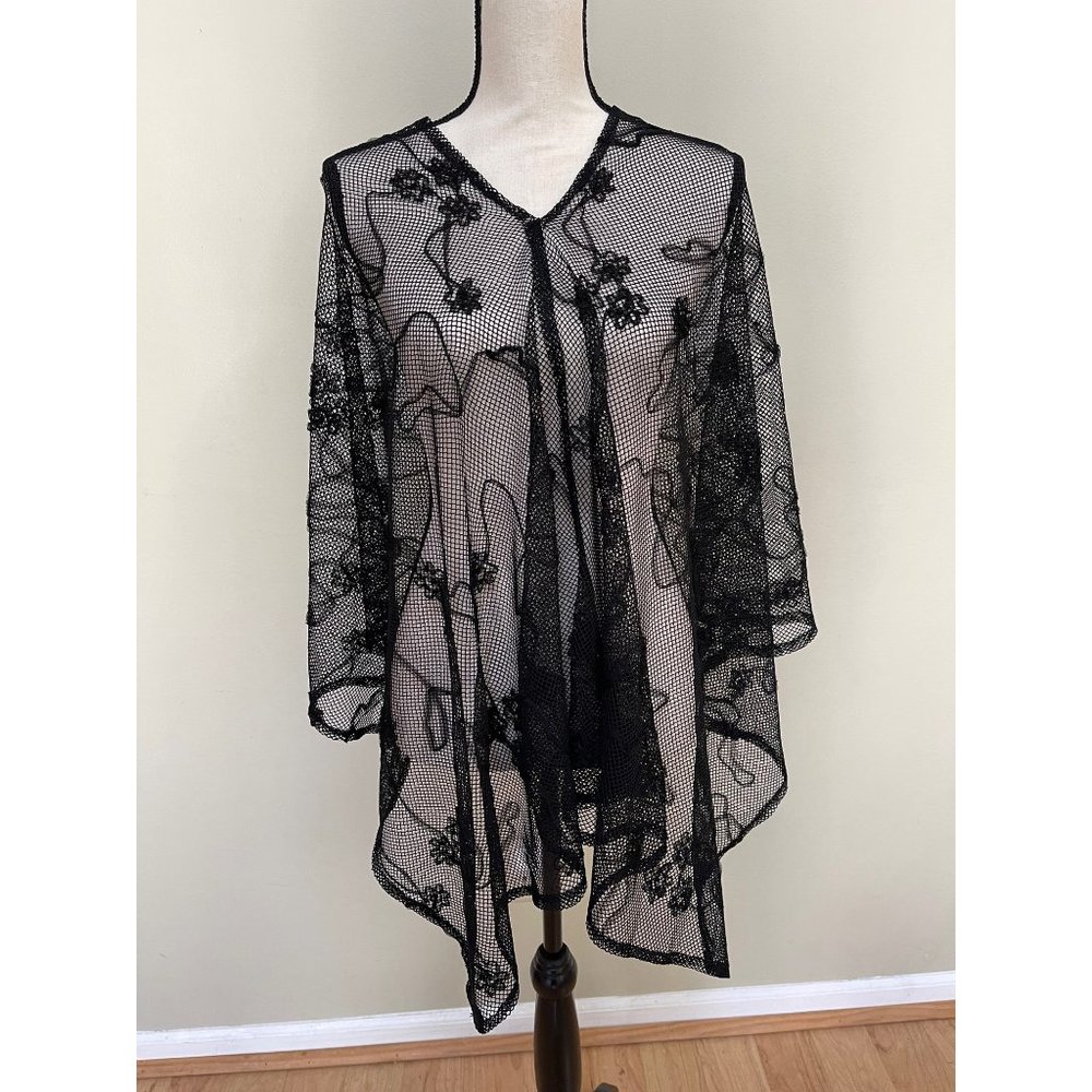 Women's Kimono Top Beach Cover Up V Neck Sheer Fishnet Mesh Black One Size